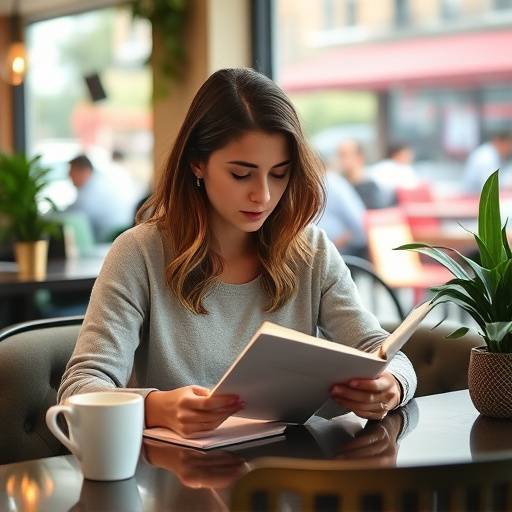 Une femme écrivant dans un journal dans un café, symbolisant l'introspection et la réflexion personnelle.