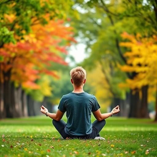 Une personne méditant dans un parc de Montréal, entourée d'arbres colorés, symbolisant la paix intérieure et la sérénité.